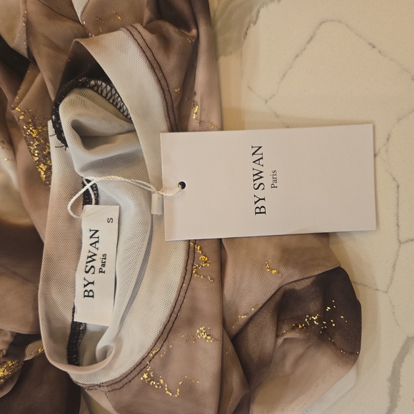 NWT Swan Paris Liquid Neutral Metallic Gold Mesh Runched Stretch Dress Small - Picture 9 of 10